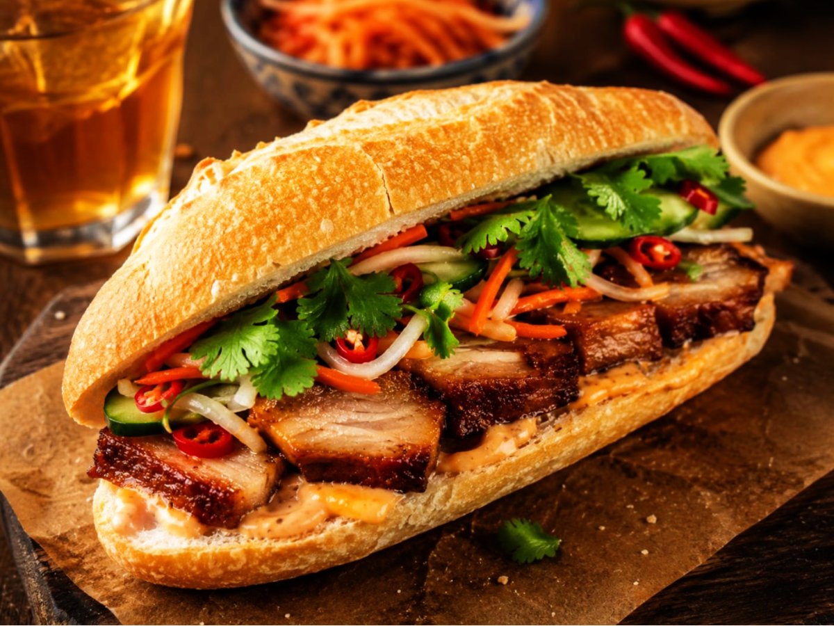 Banh mi met geroosterd buikspek en kimchi mayo