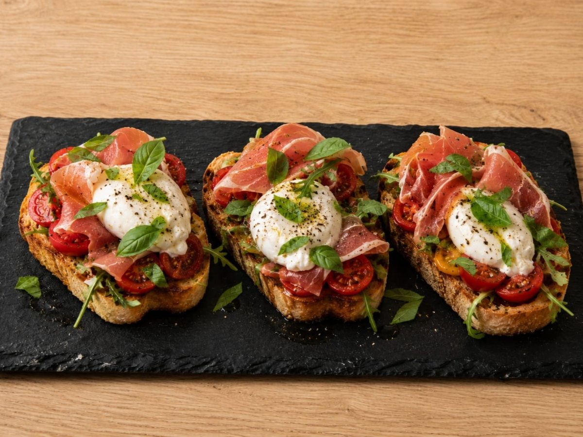 Bruschetta met burrata en prosciutto