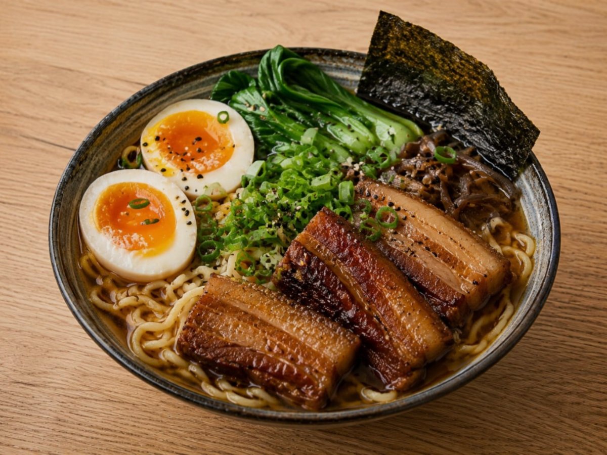 Buikspek met ramen noedels en zachte eieren
