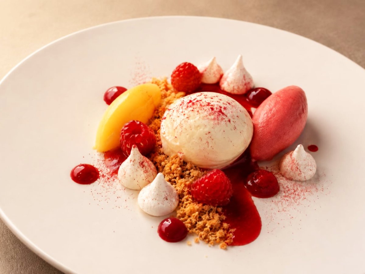 Citroen dessert met meringue, crumble en rood fruit en ijs