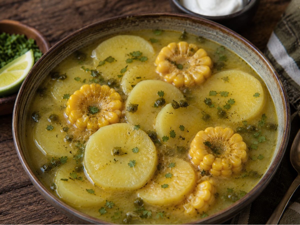 Colombiaanse ajiaco soep met aardappelen en maïs