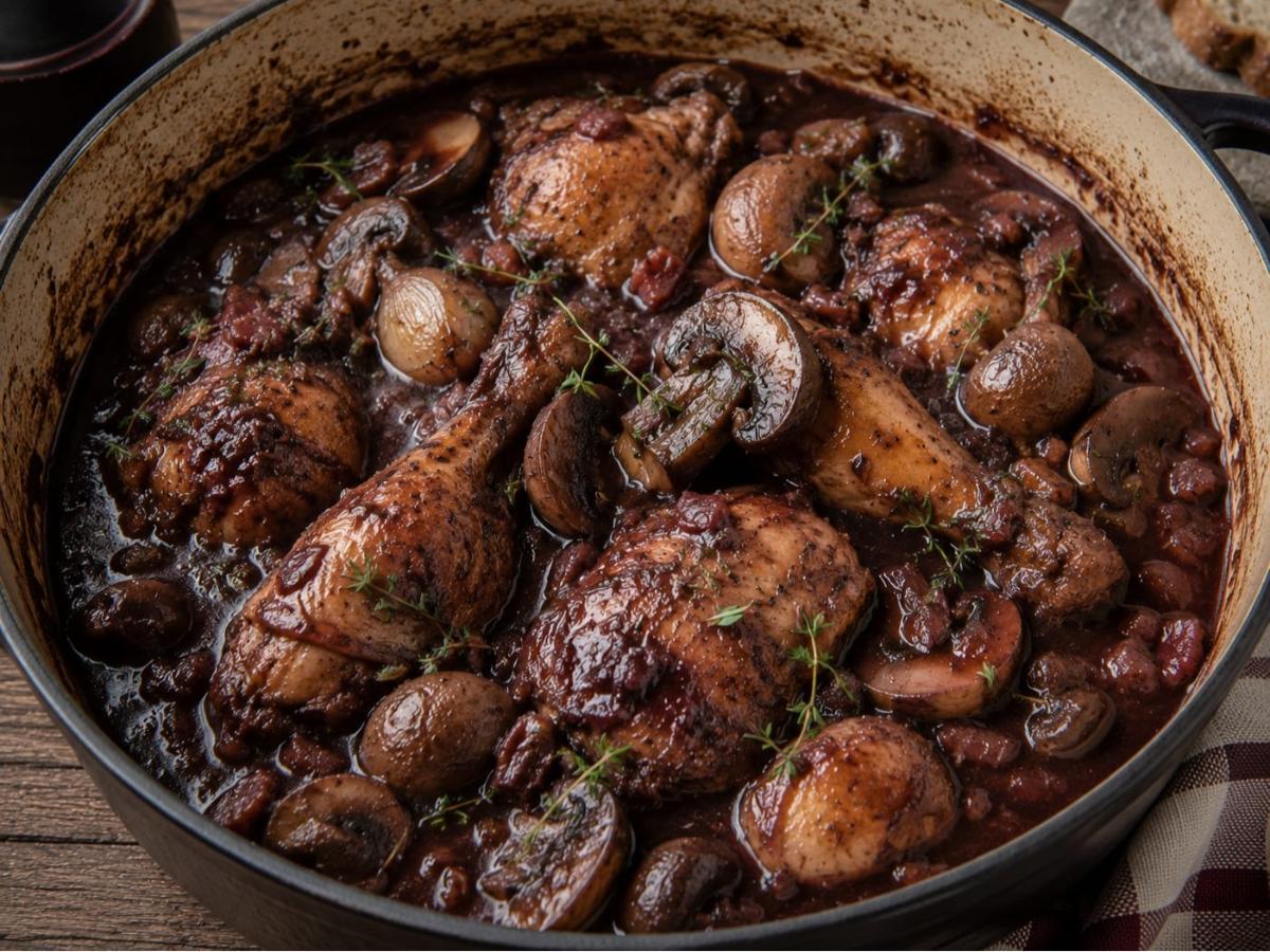 Coq au vin met champignons en rode wijn
