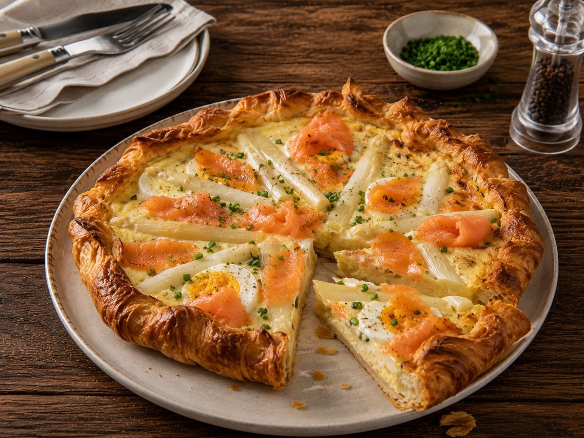 Croissant-quiche met witte asperges, zalm en ei