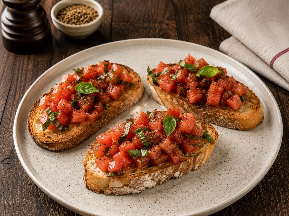 Crostini met tomatenbrunoise en basilicum