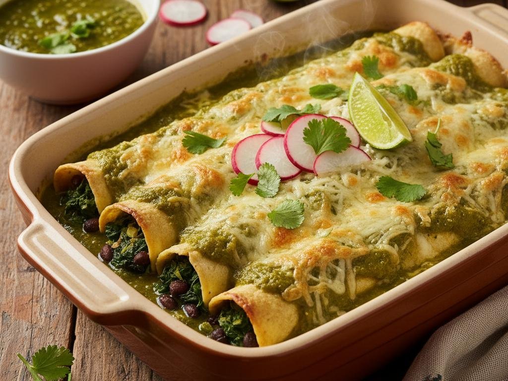 Enchiladas verdes met spinazie en zwarte bonen