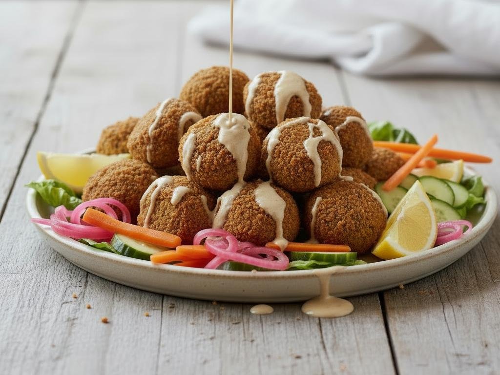 Falafel met tahindressing en ingelegde groenten