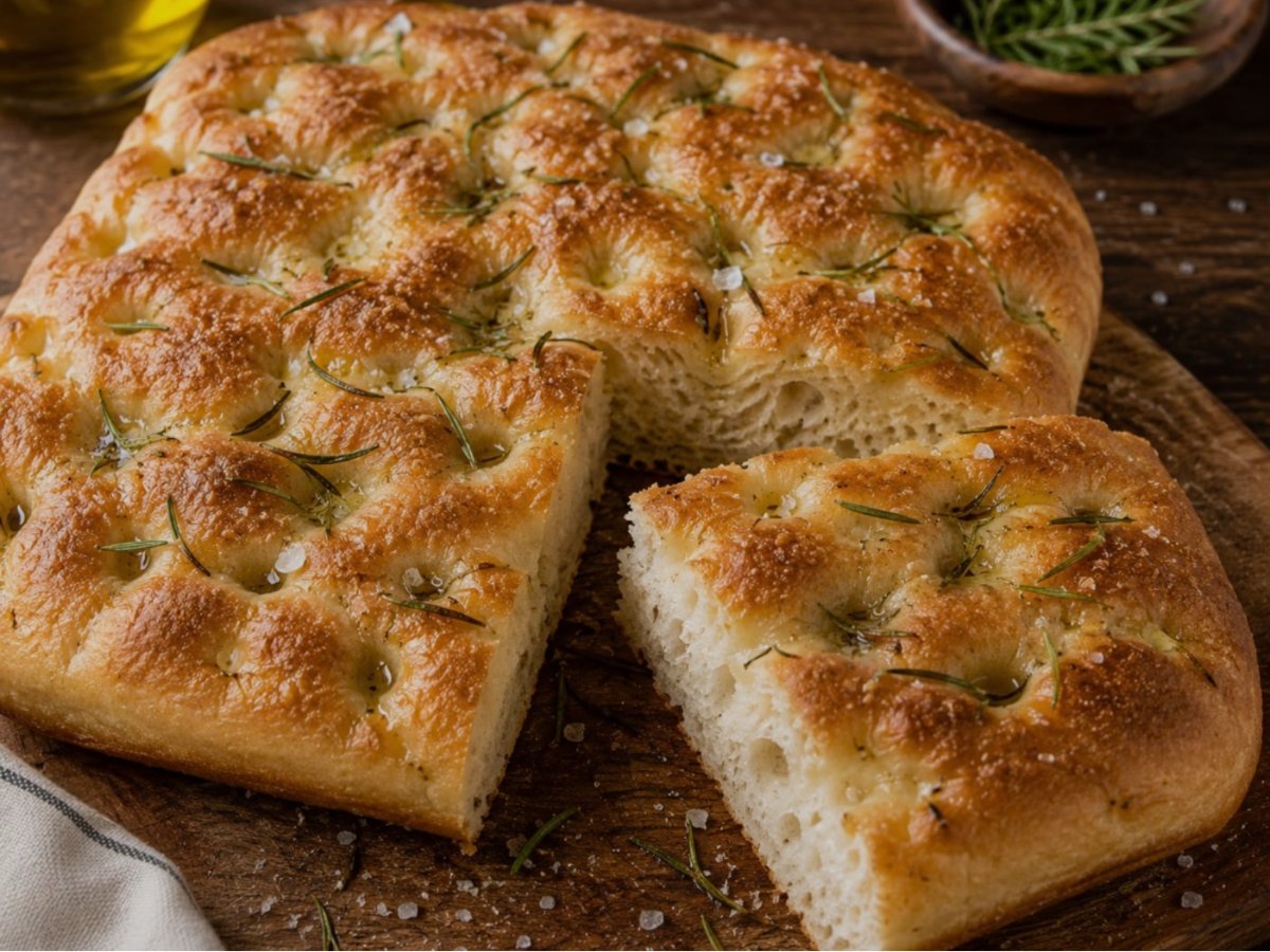 Focaccia met olijven, rozemarijn en grof zeezout