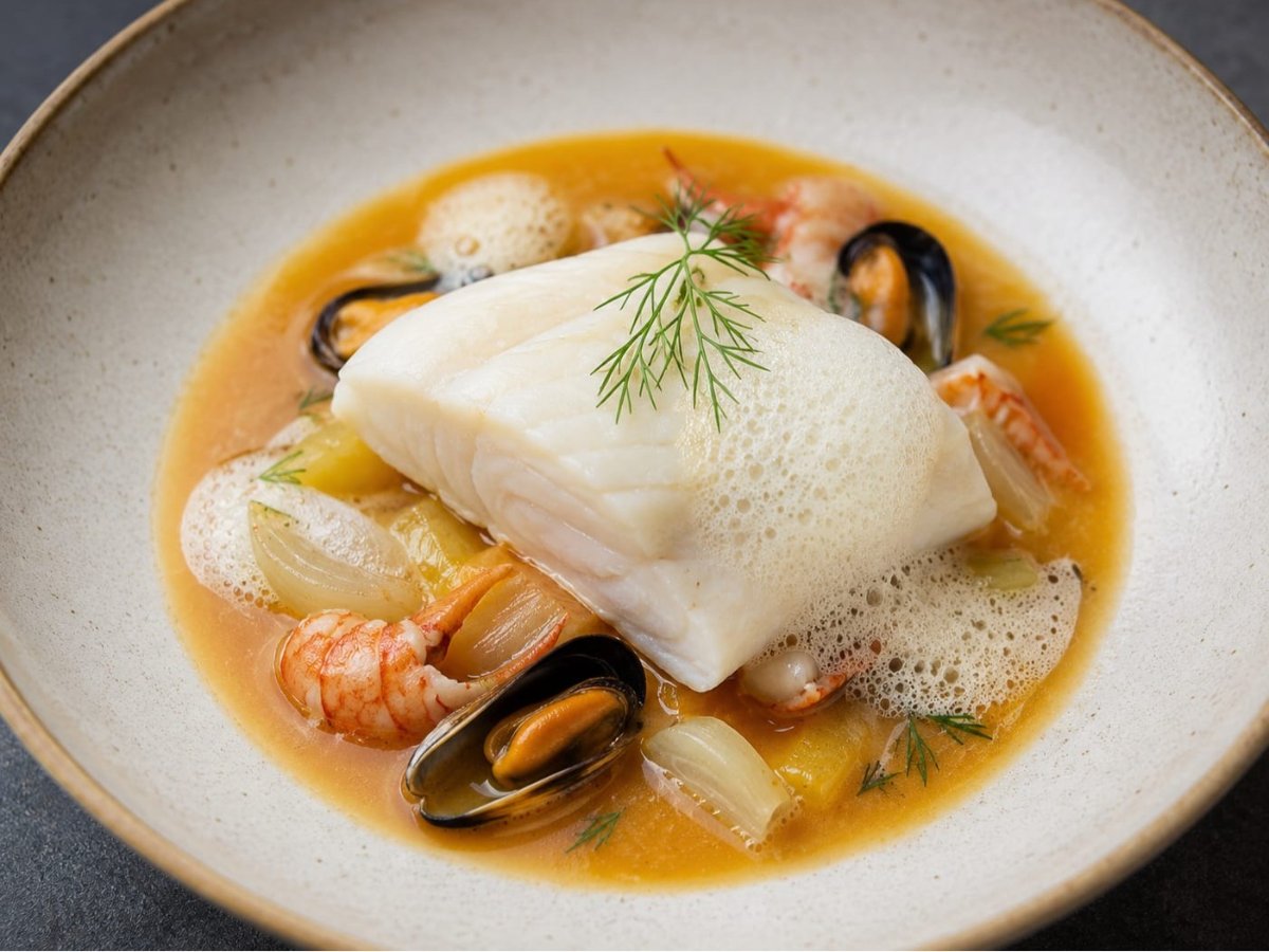 Gepocheerde heilbot met bouillabaissesaus en venkelschuim