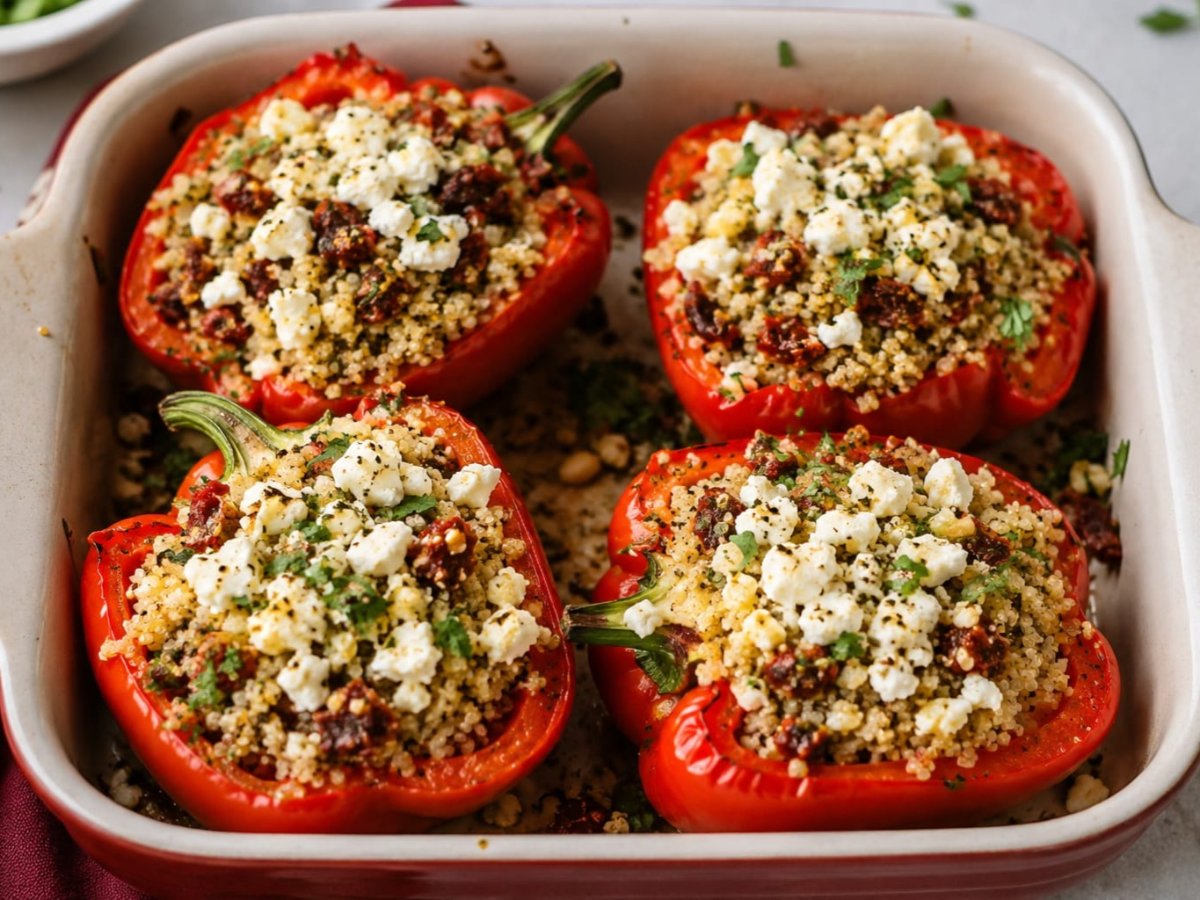 Gevulde paprika's met quinoa, feta en zongedroogde tomaten