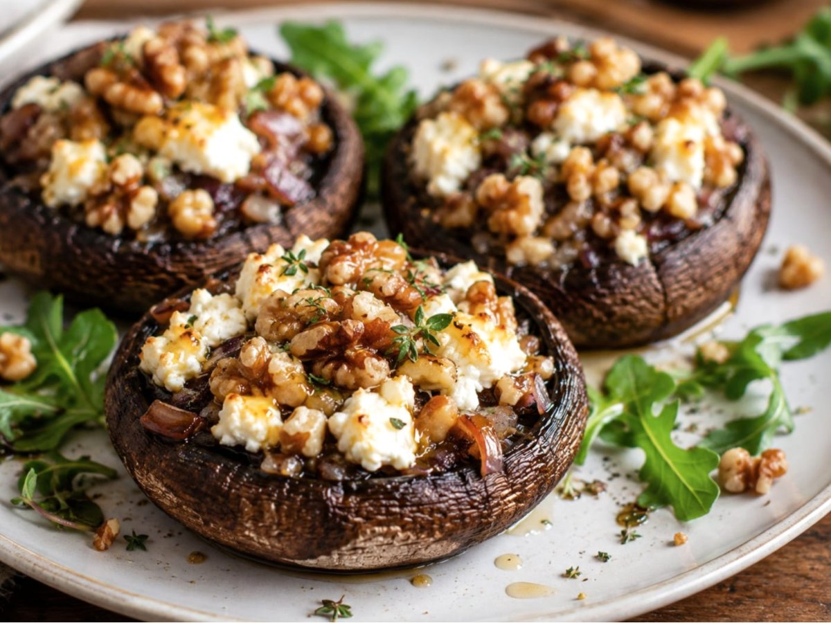 Gevulde portobello met geitenkaas en walnoten