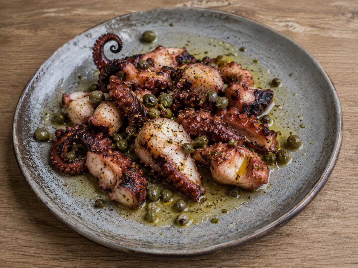 Griekse gebakken octopus met kappertjes en olijfolie