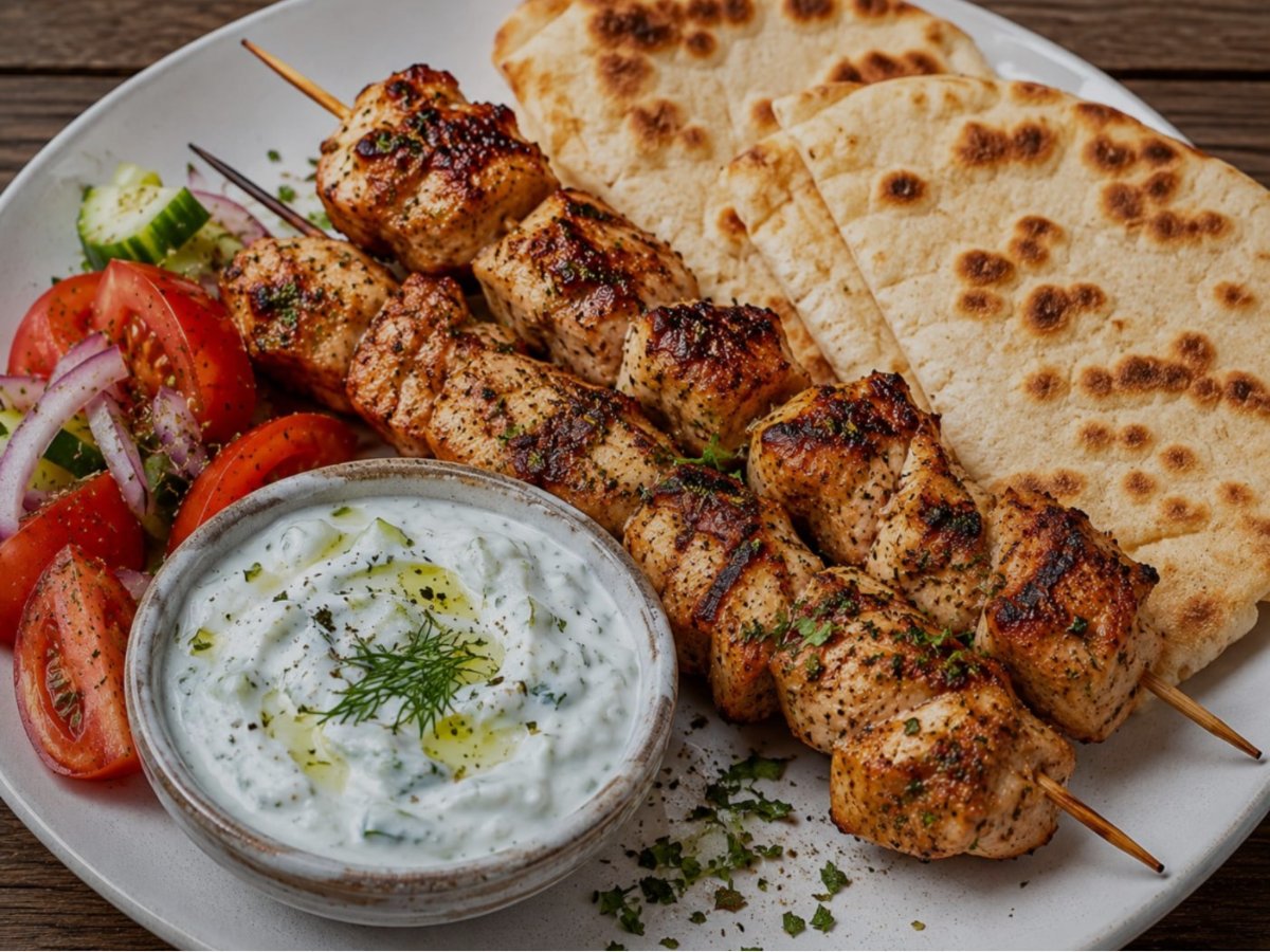 Griekse kipsouvlaki met tzatziki en pitabrood