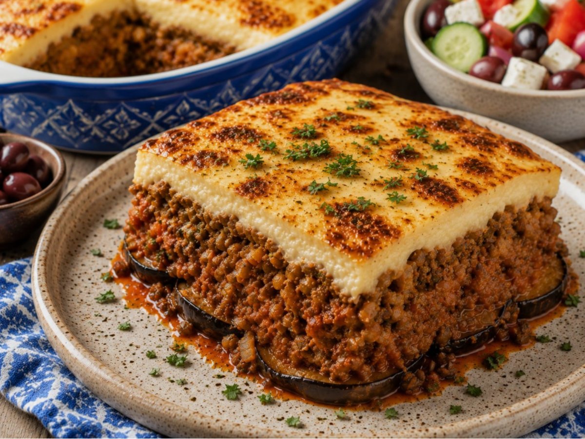 Griekse moussaka met linzen