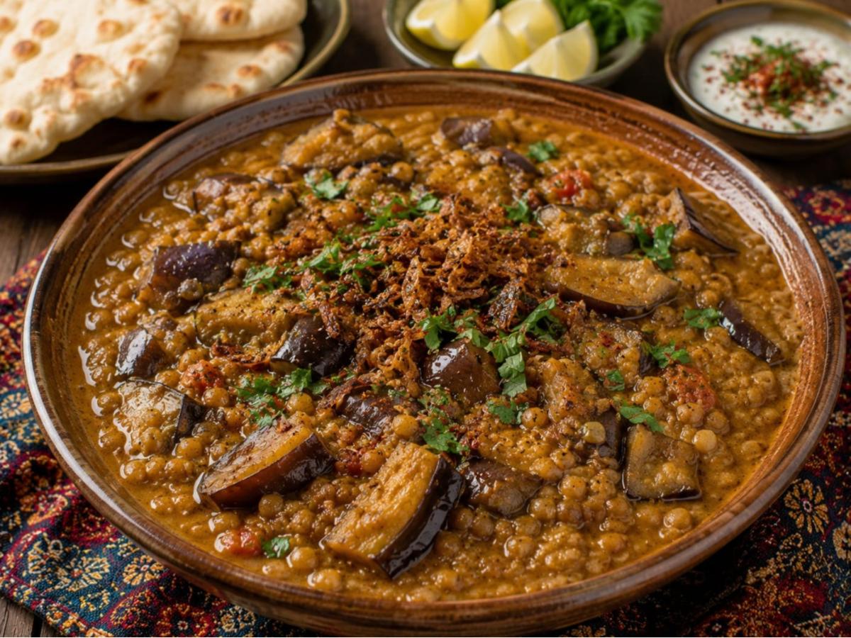 Haleem bademjan — aubergine en linzen stoofpot
