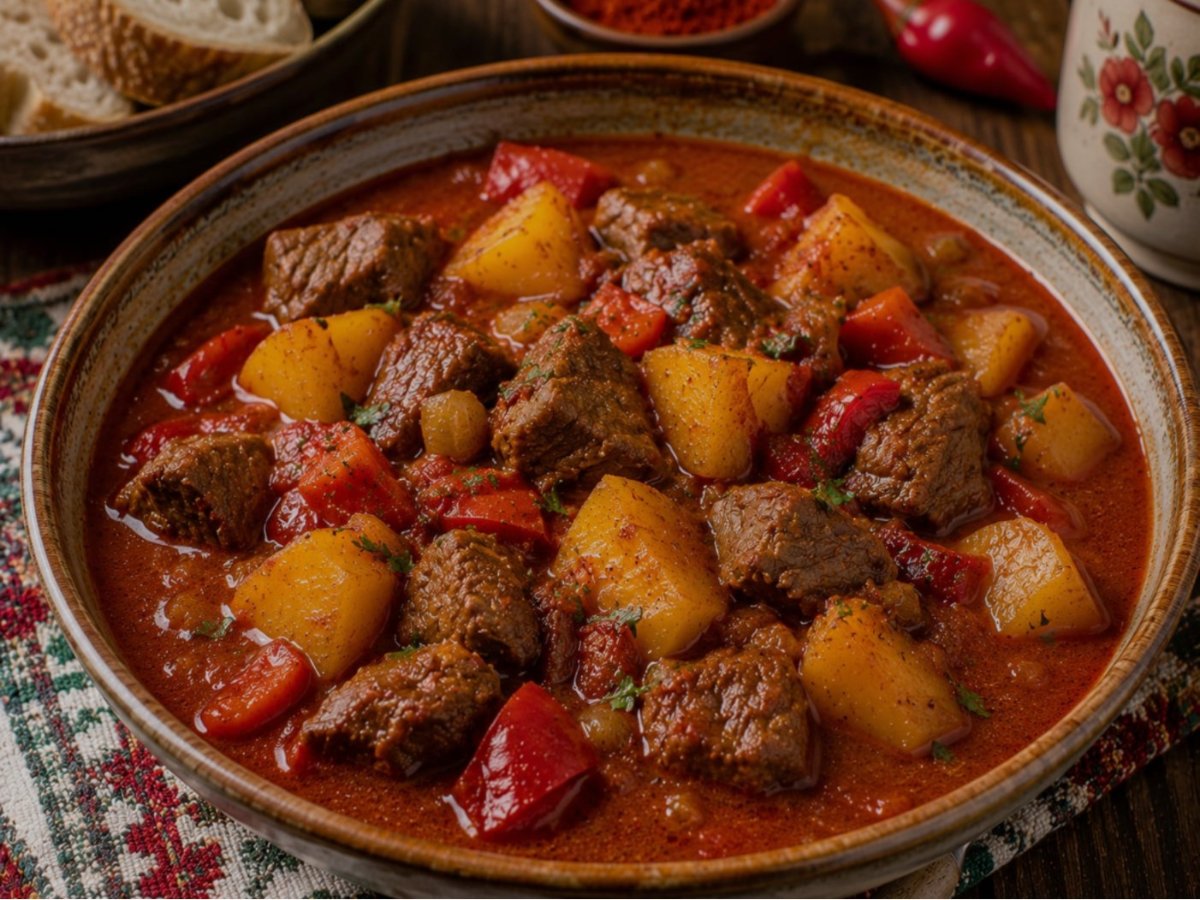 Hongaarse goulash met paprika en aardappelen