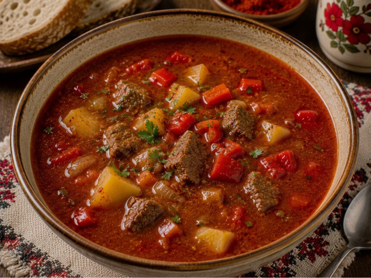 Hongaarse goulashsoep met paprika en rundvlees