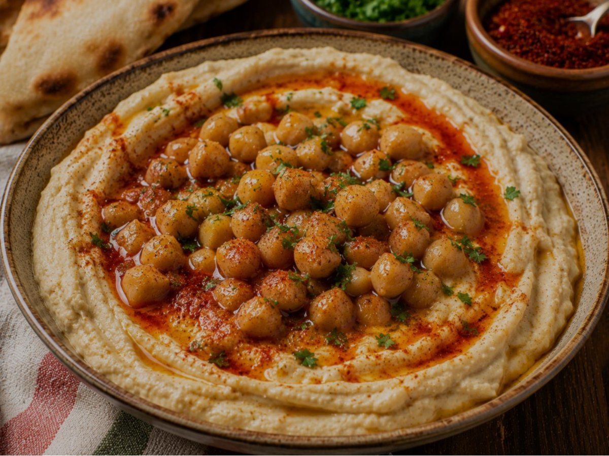 Hummus masabacha met warme kikkererwten en paprika-olie