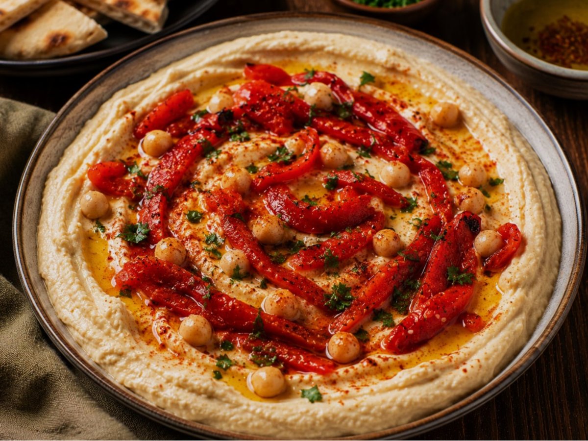 Hummus met geroosterde paprika