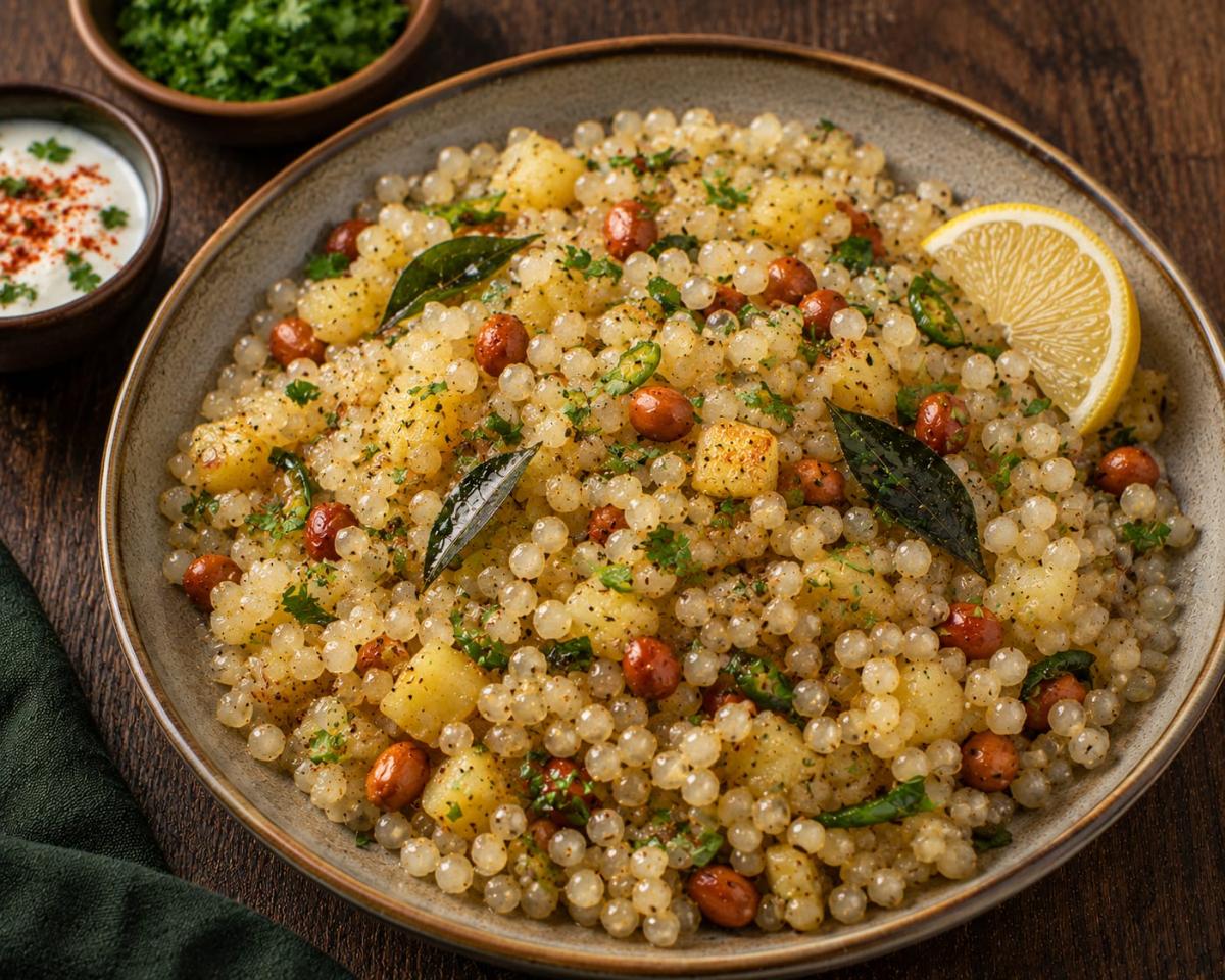 Indiase sabudana khichdi met aardappelen en pinda's