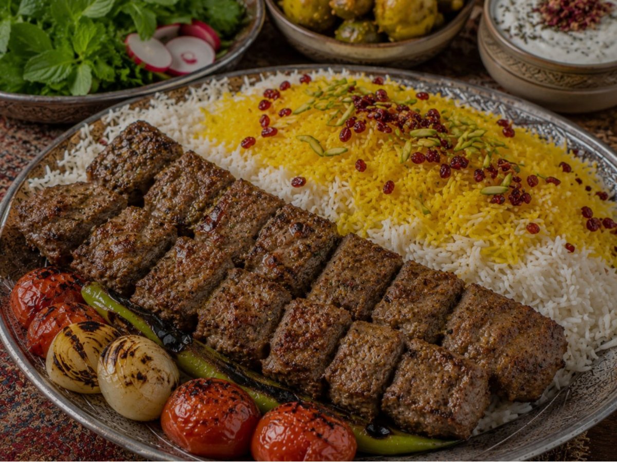 Iraanse kubideh lamsgehakt kebab met saffraan rijst
