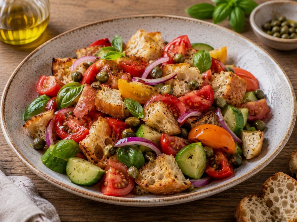 Italiaanse panzanella met stokbrood en kappertjes
