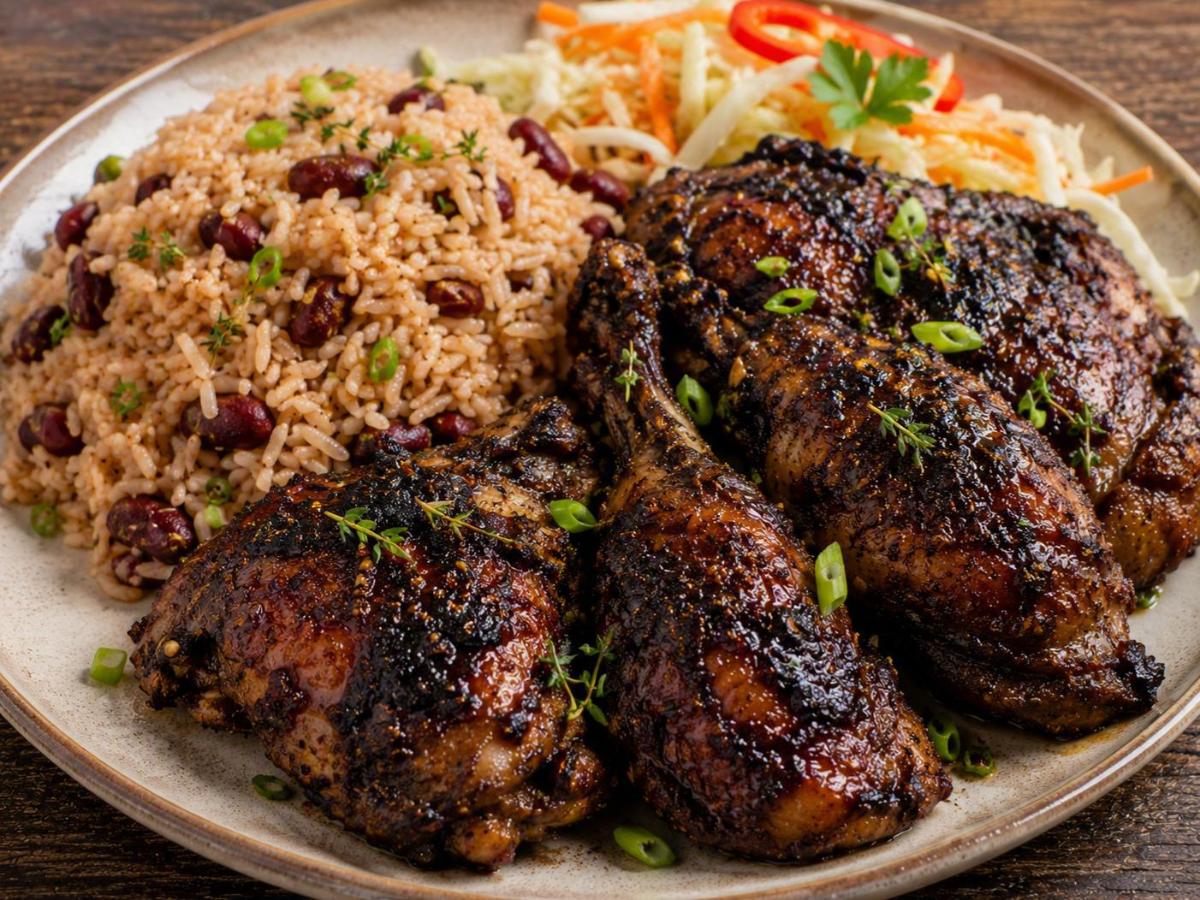 Jamaicaanse jerk kip met rijst en erwten