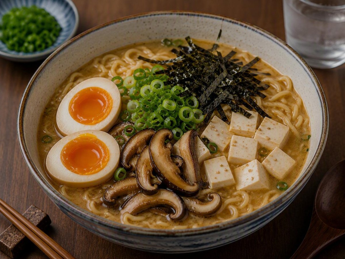 Japanse miso-ramen met zachte eieren en nori