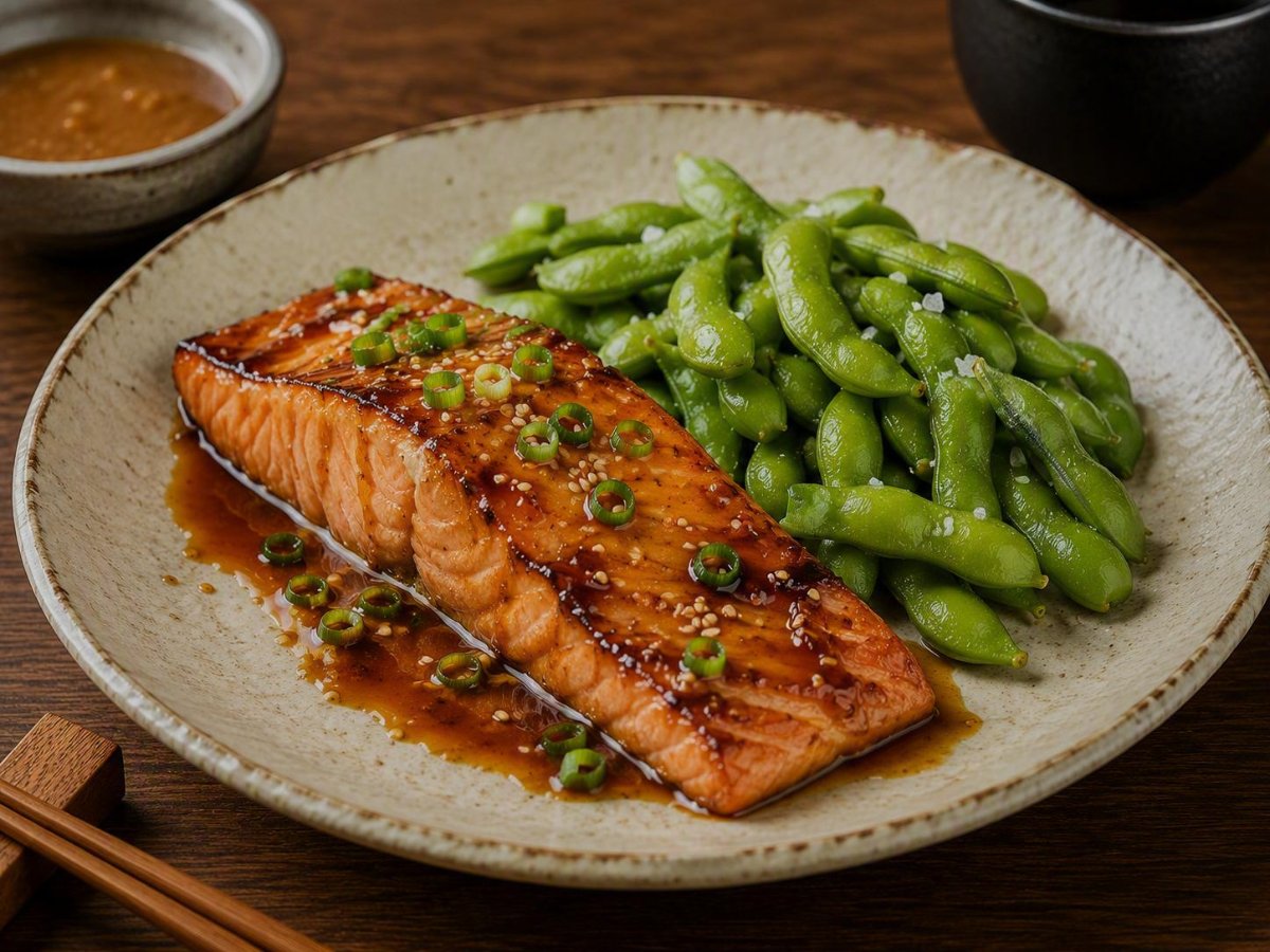 Japanse miso-zalm met gestoomde edamame