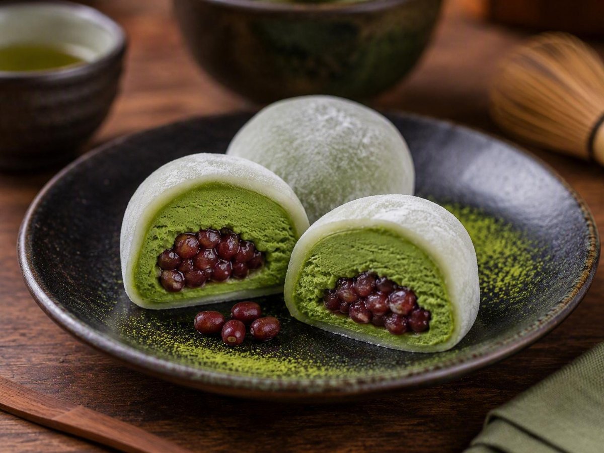Japanse mochi-ijs met matcha en rode bonen