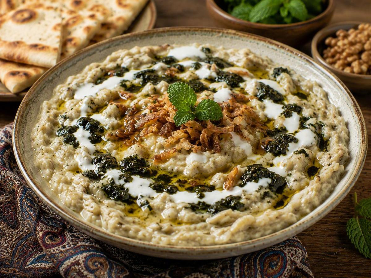 Kashk-e-bademjan — auberginedip met kashk en munt