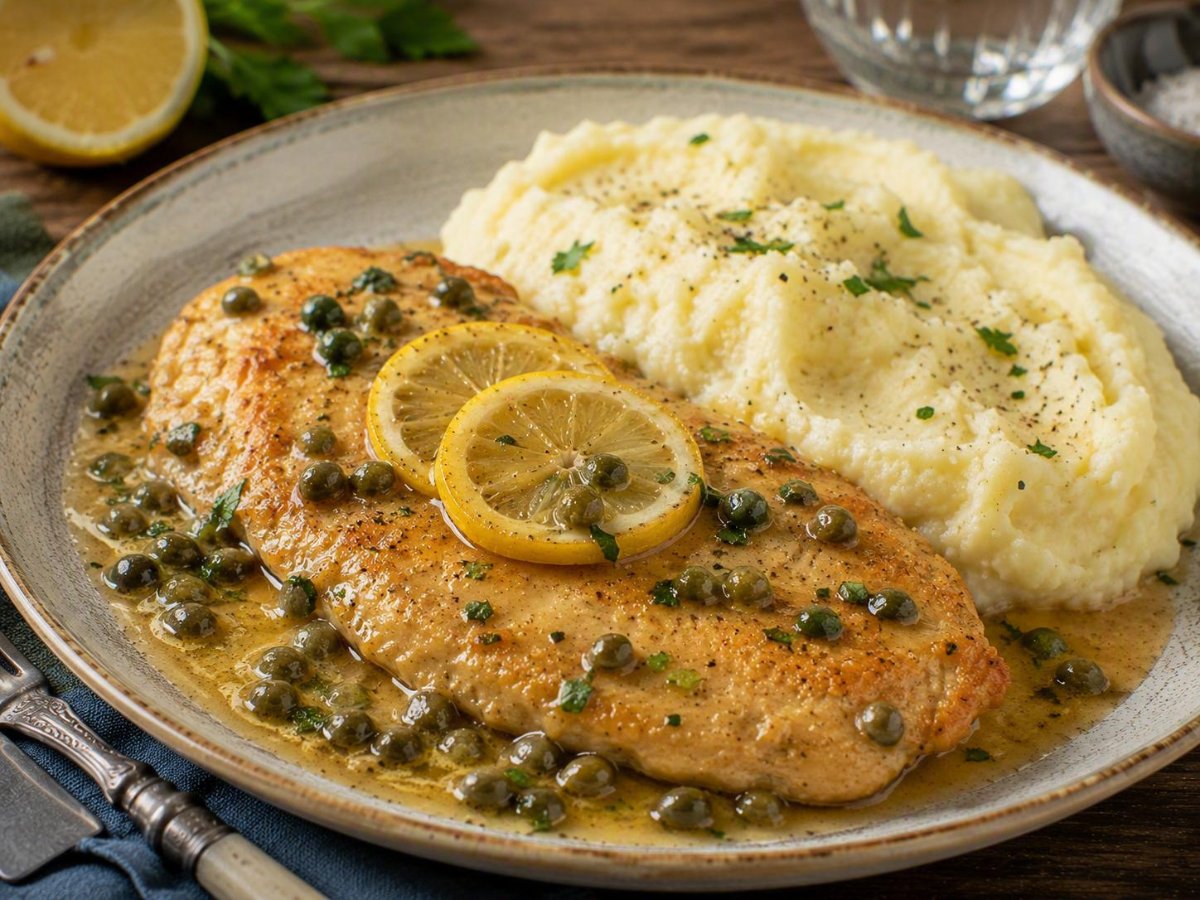 Kip piccata met kappertjes, citroen en aardappelpuree