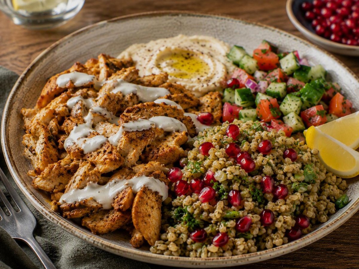 Kip shoarma bowl met freekeh en granaatappel