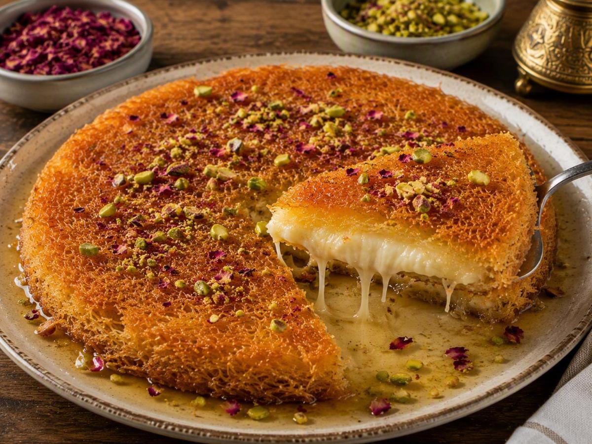 Knafeh met roomkaas en rozenwaterstroop