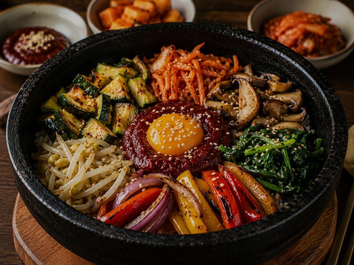 Koreaanse bibimbap met geroosterde groenten en gochujang