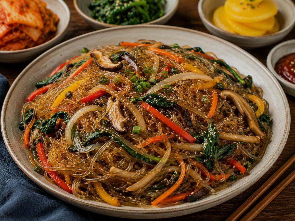 Koreaanse japchae met glasnoedels en groenten