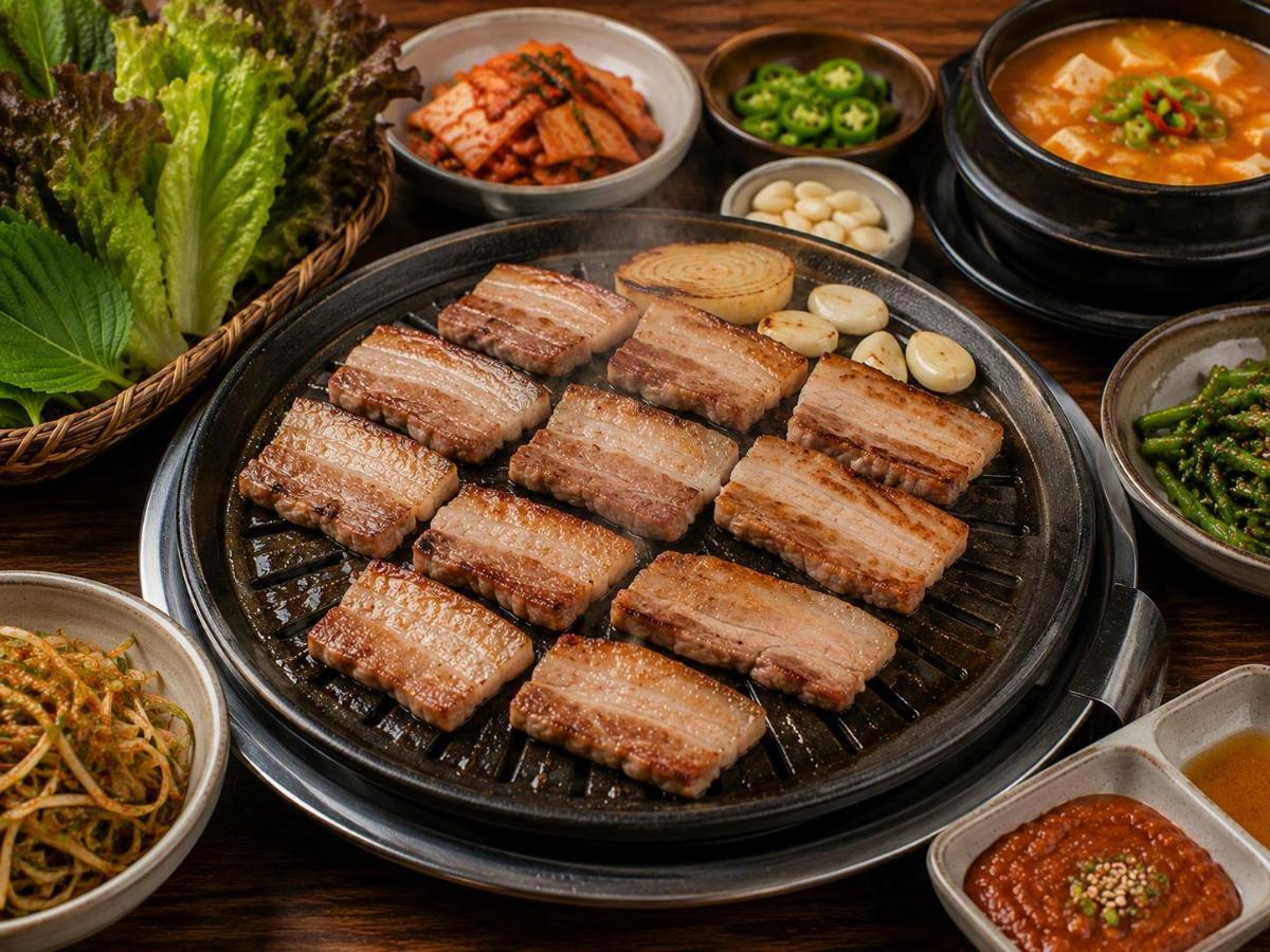 Koreaanse samgyeopsal gegrild buikspek met ssamjang