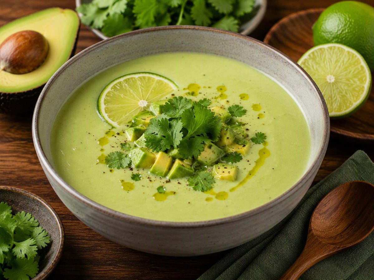 Koude avocadosoep met limoen en koriander