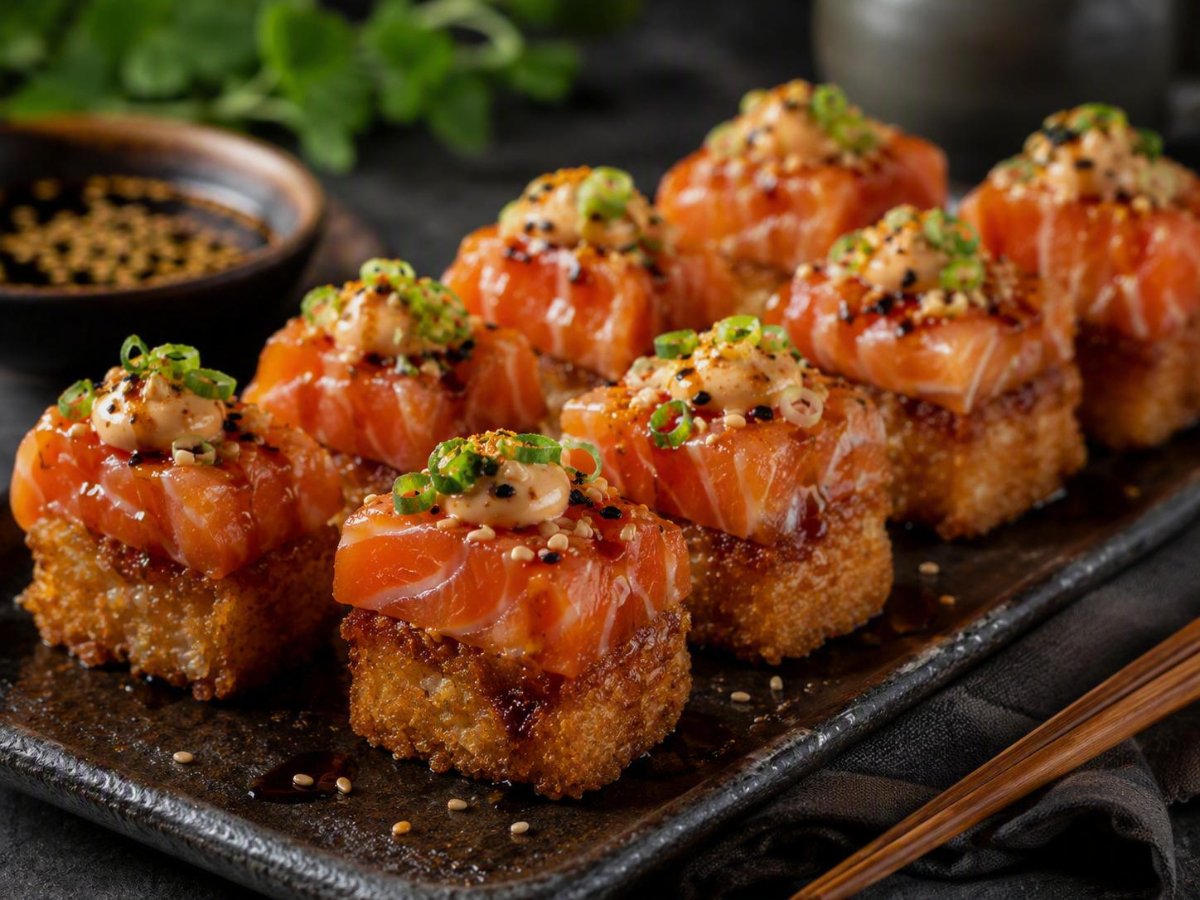 Krokante sushiblokjes met gemarineerde zalm