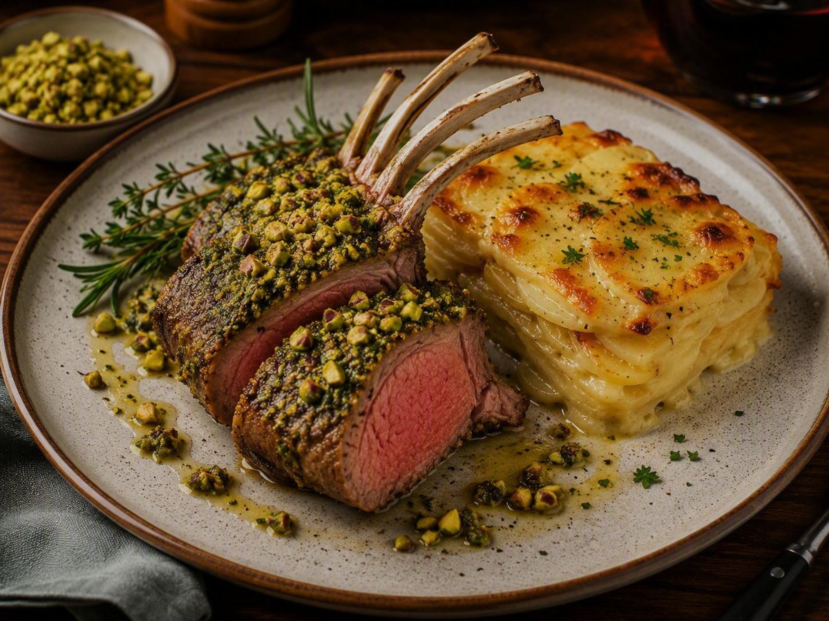 Lamsrack met pistachepesto en aardappelgratin
