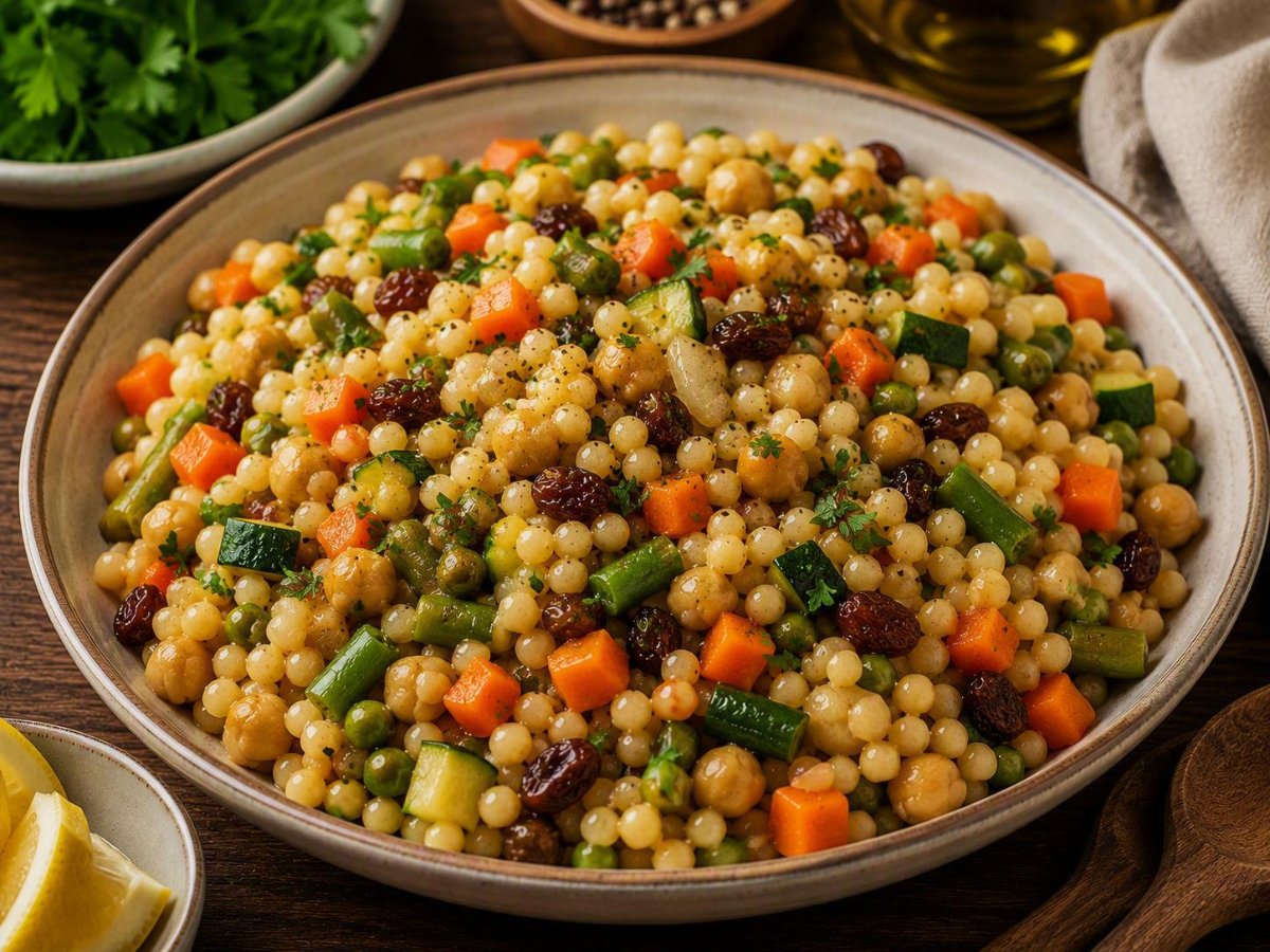 Libanese moghrabieh met groenten en rozijnen