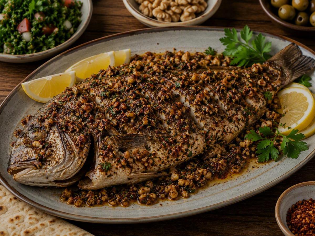 Libanese samke harrah gegrilde vis met walnoten