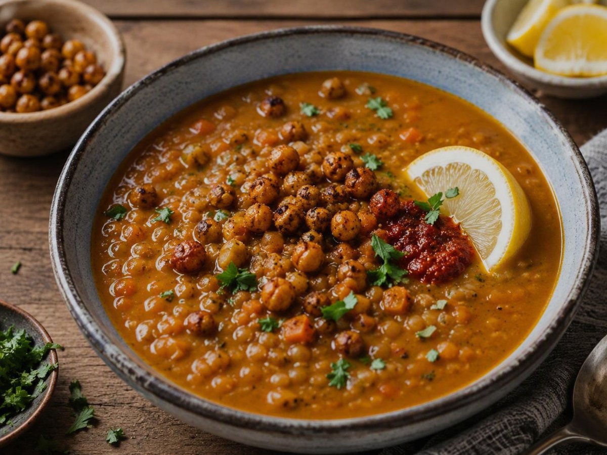 Linzensoep met harissa, citroen en krokante kikkererwten