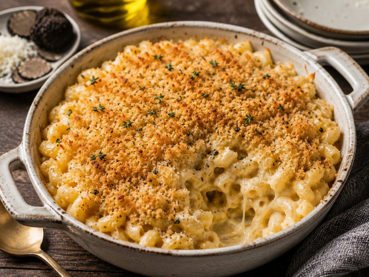 Mac & cheese met truffelolie en paneermeel korst
