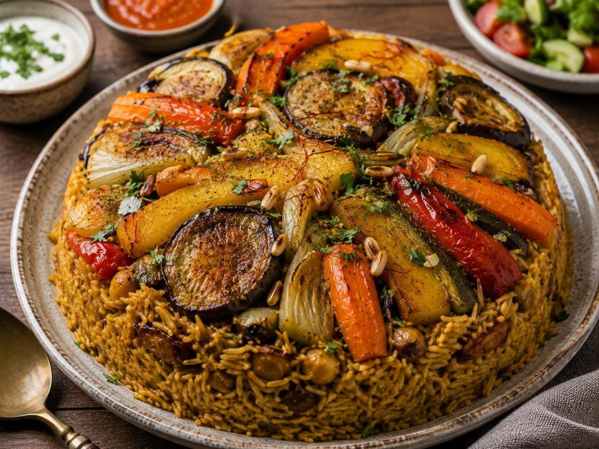 Maqluba met geroosterde groenten en saffraan
