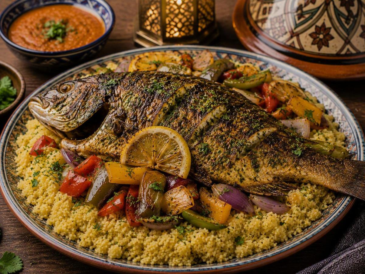 Marokkaanse chermoula gegrilde vis met couscous