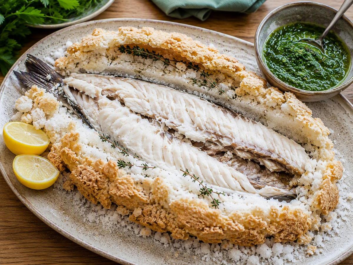 Mediterrane zeebaars in zout met groene saus