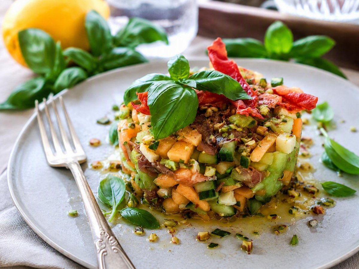 Meloentartaar met serranoham en pistachedressing