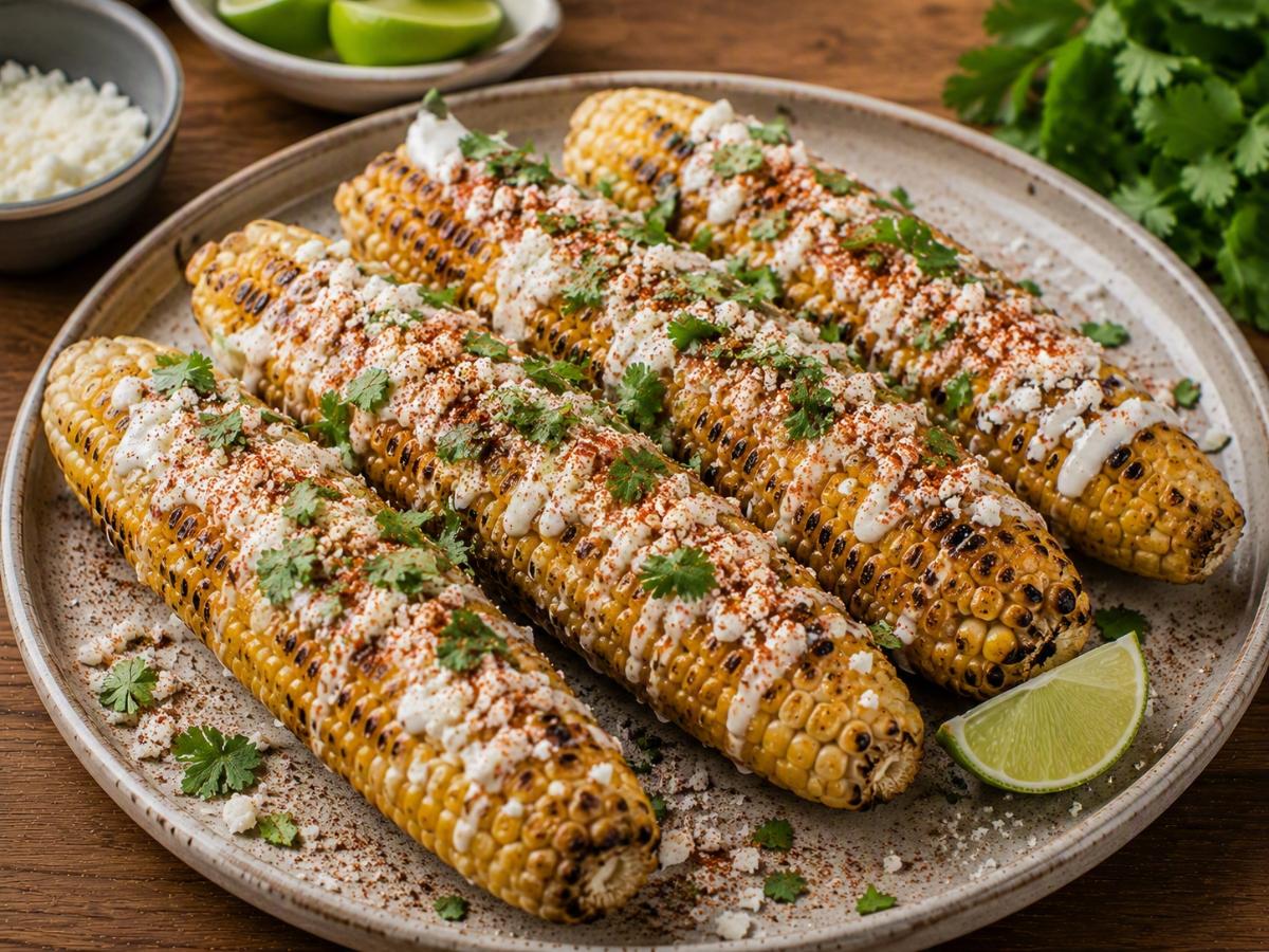 Mexicaanse elote — gegrilde maïs met crema en chilipeper