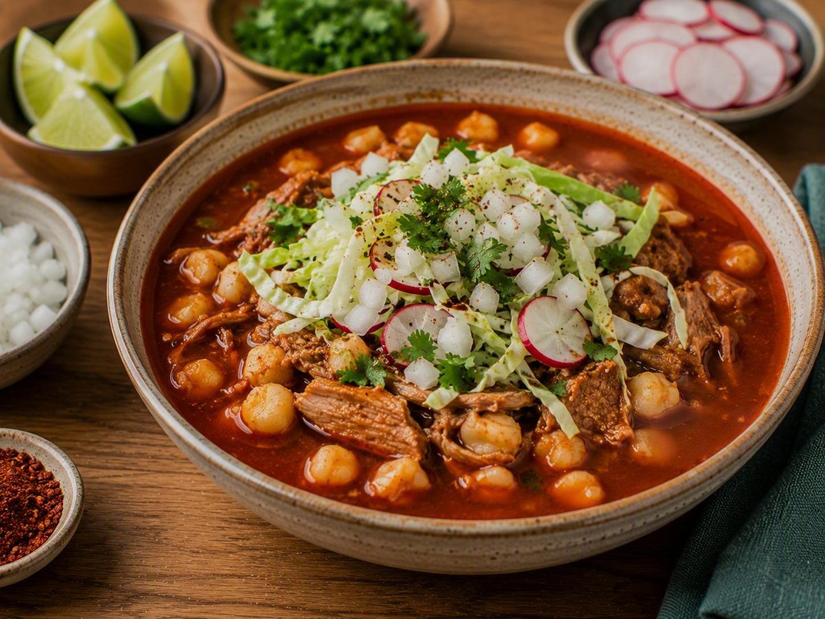 Mexicaanse pozole rojo met hominy en garnering