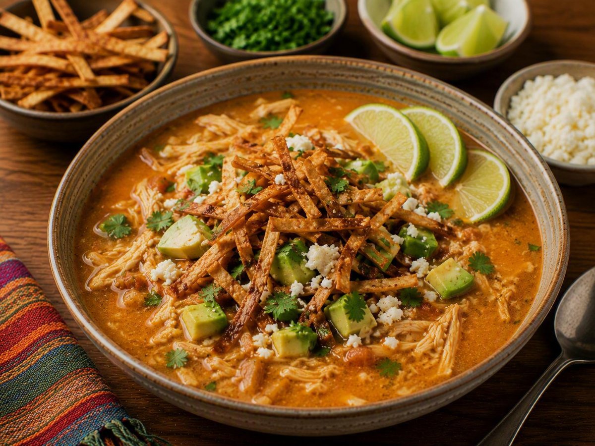 Mexicaanse sopa de lima met gebakken tortillas